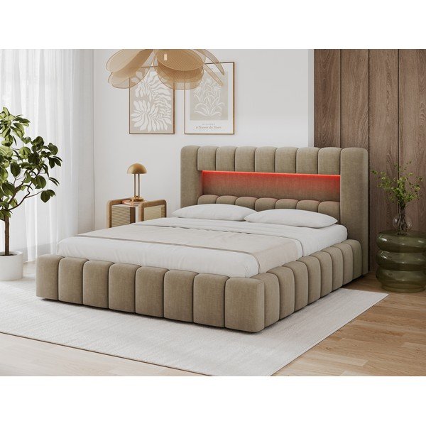 Letto matrimoniale imbottito marrone chiaro con contenitore con rete inclusa 140x200 cm Lamica – ELTAP-image-2