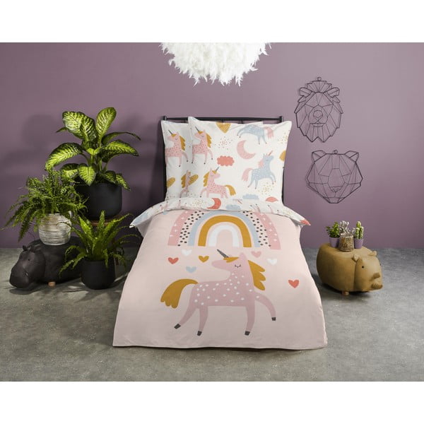 Set copripiumino e federa da bambini rosa in cotone per letto singolo 140x200 cm Unilove – Good Morning-image-1