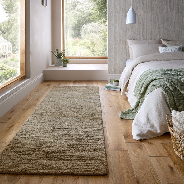 Passatoia color kaki in lana tessuta a mano 80x230 cm Harris Boucle – Flair Rugs-image-1