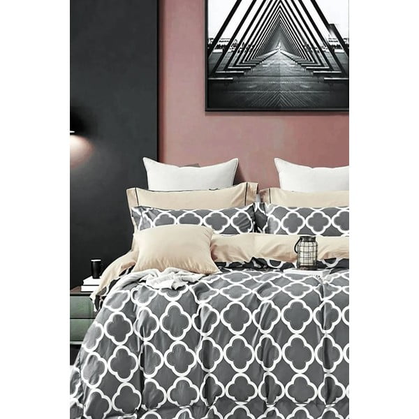 Biancheria da letto in cotone grigio-beige estesa per letto matrimoniale con lenzuolo 200x220 cm Geometric - Mila Home