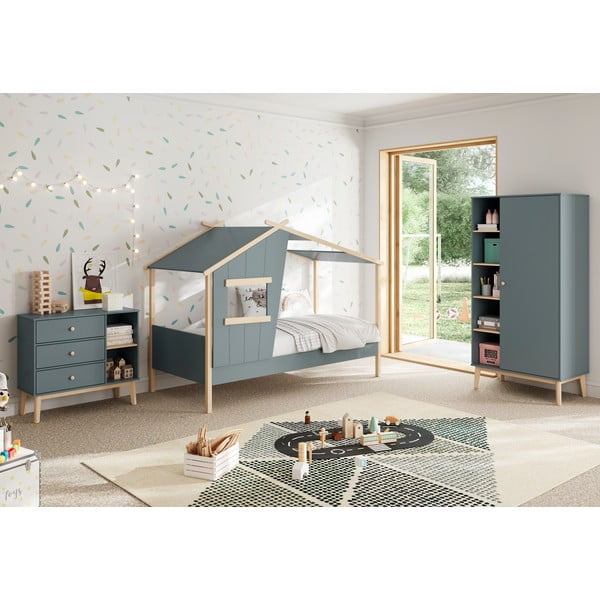 Letto da bambini a forma di casa verde polveroso in pino massiccio con rete inclusa 90x190 cm Luba – Marckeric-image-1