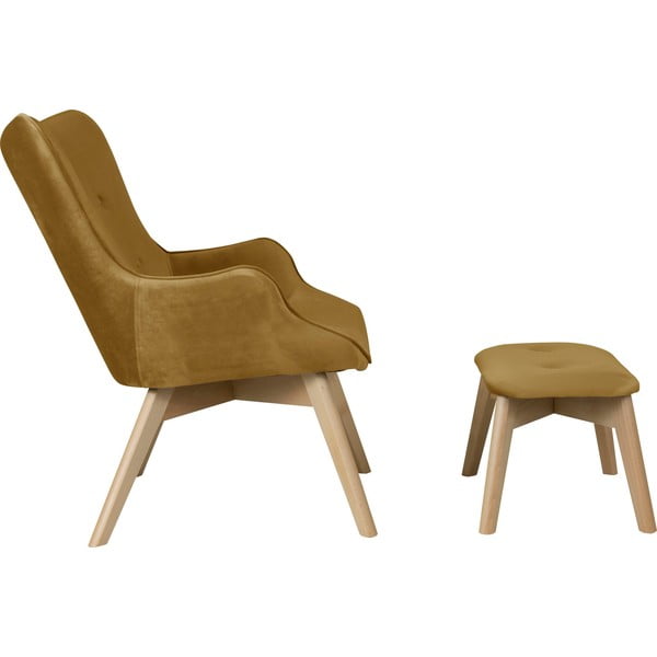 Poltrona con poggiapiedi color senape con rivestimento in velluto Niko – Ropez-image-3