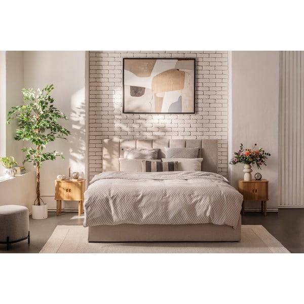 Letto matrimoniale imbottito beige con contenitore con rete inclusa 160x200 cm Thessa Bold Line – Bonami Selection-image-1