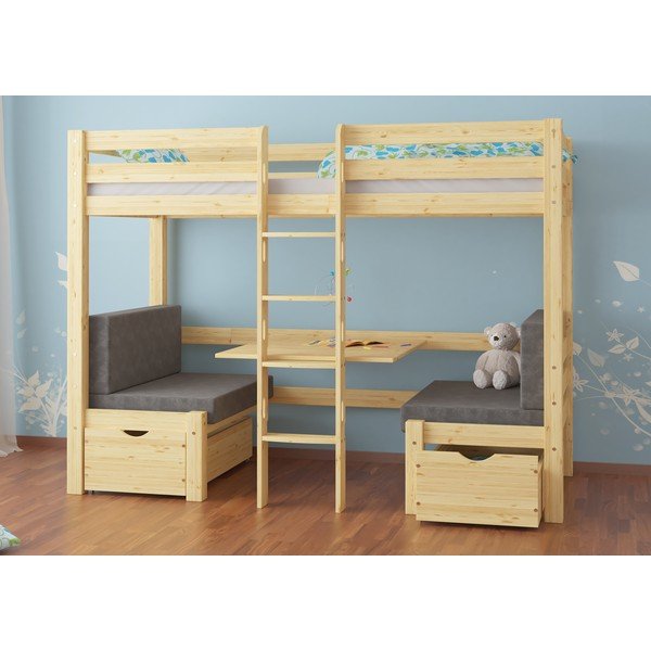Letto da bambini a castello di colore naturale in pino massiccio con spazio contenitivo 90x200 cm Elen – Olivia Living-image-1