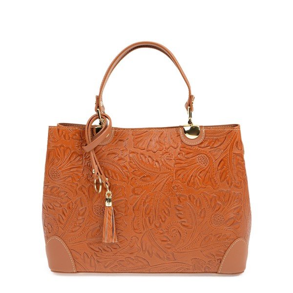 Borsa in pelle marrone cognac Floral - Carla Ferreri