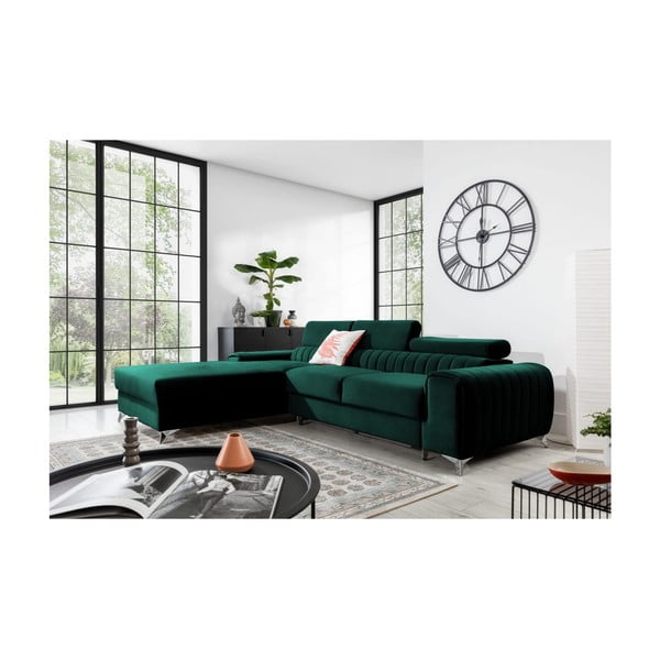 Divano angolare verde allungabile/con contenitore (con penisola a sinistra/con chaise lounge) e rivestimento in velluto Grayson – ELTAP-image-1