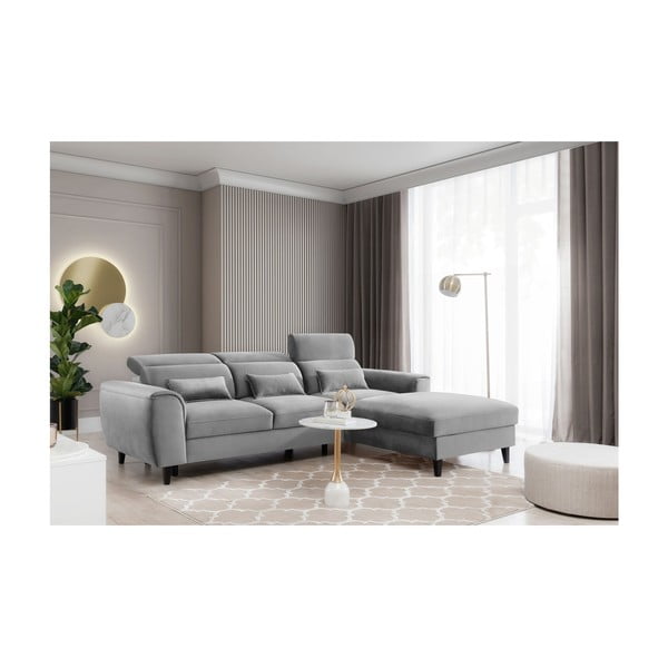 Divano angolare grigio allungabile/con contenitore (con penisola a destra/con chaise lounge) e rivestimento in velluto Foble – ELTAP-image-3