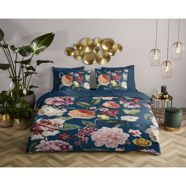 Set copripiumino e federa blu scuro in raso di cotone per letto matrimoniale ed esteso 200x220 cm Fiori – Descanso-image-2