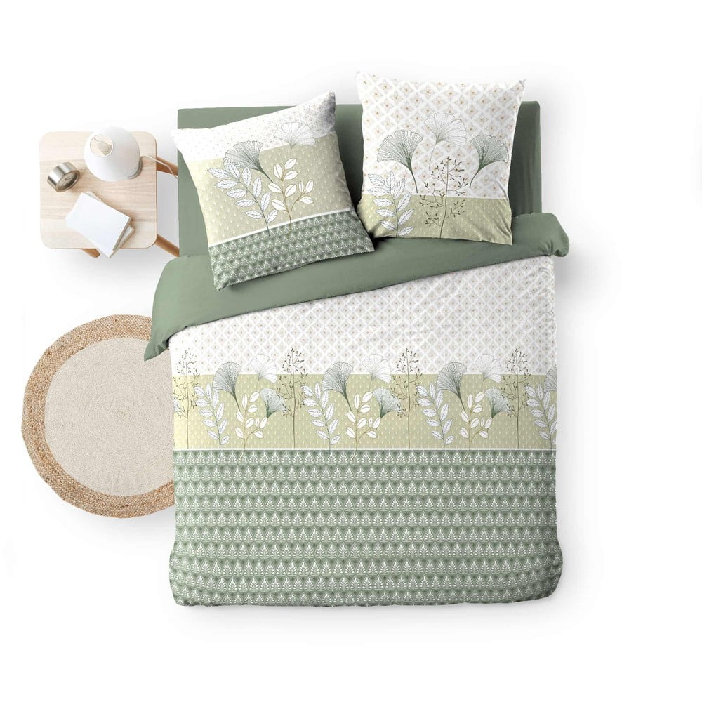 Set Copripiumino Reversibile 5 Pezzi - 200 Percalle Cotone, Letto 150/160, Verde Scuro/Beige, Prodotto In Portogallo