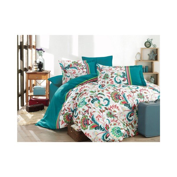Biancheria da letto in cotone sateen con lenzuolo per letto matrimoniale Daphne Petrol, 200 x 220 cm - Mijolnir