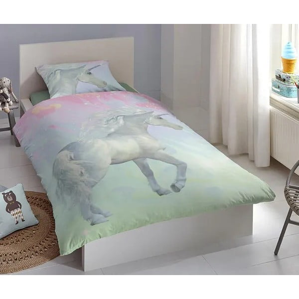 Biancheria da letto in cotone per bambini Unicorno verde, 140 x 200 cm - Good Morning-image-1
