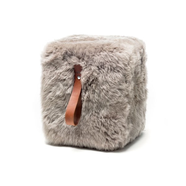 Pouf in pelle di pecora grigio chiaro con passante marrone , 45 x 45 cm - Royal Dream