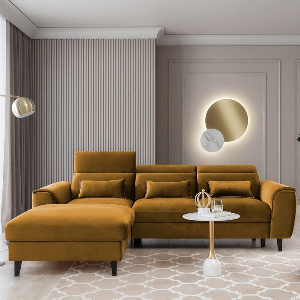Divano angolare giallo allungabile/con contenitore (con penisola a sinistra/con chaise lounge) e rivestimento in velluto Foble – ELTAP-image-1