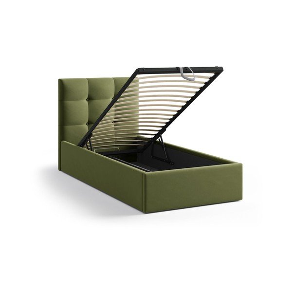 Letto singolo imbottito verde con contenitore con rete inclusa 90x200 cm Phaedra – Micadoni -image-1