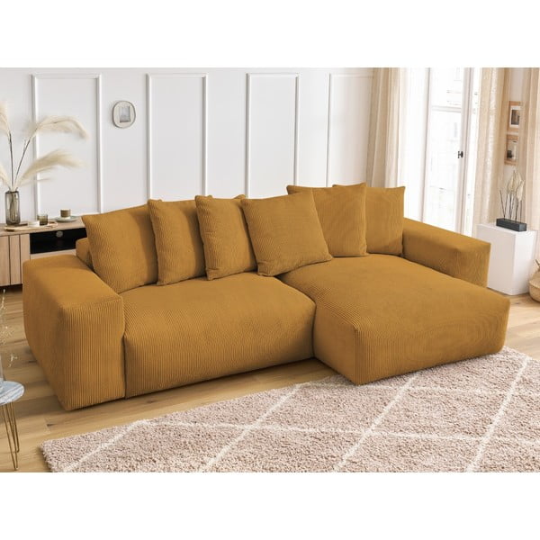 Divano angolare color senape allungabile e con contenitore rivestito in velluto a coste Voltaire – Bobochic Paris-image-4
