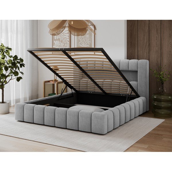 Letto matrimoniale imbottito grigio chiaro con contenitore con rete inclusa 160x200 cm Lamica – ELTAP-image-4