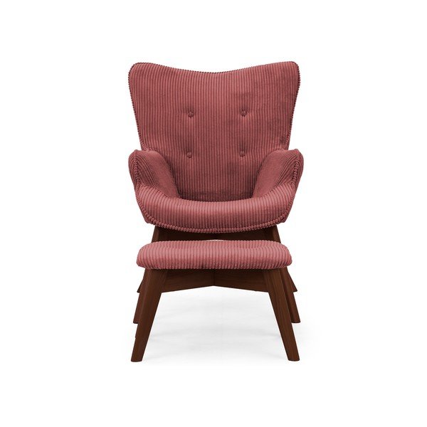 Poltrona con poggiapiedi rossa con rivestimento in velluto a coste Niko – Ropez-image-3