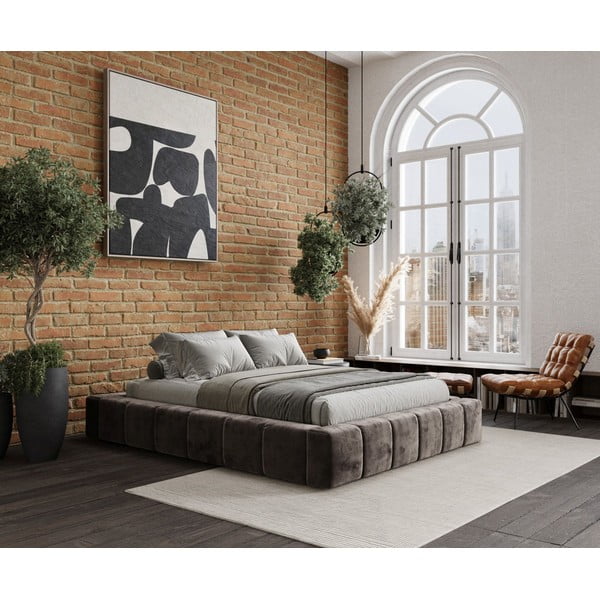 Letto matrimoniale imbottito marrone con spazio contenitivo e rete 200x200 cm Aruba L - Maison de Rêve-image-1