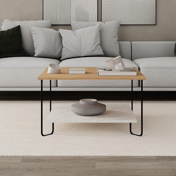 Tavolino con piano in rovere decorato in bianco e naturale 80x80 cm Tonka - Marckeric-image-4