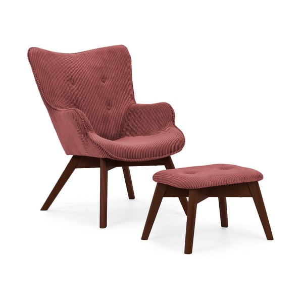 Poltrona con poggiapiedi rossa con rivestimento in velluto a coste Niko – Ropez