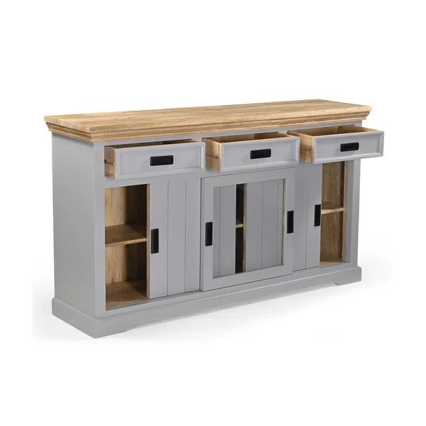 Credenza grigia/di colore naturale in mango massiccio con porte scorrevoli 160x90x40 cm Alpinist – Støraa-image-2