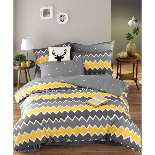 Lenzuolo matrimoniale in cotone esteso giallo-grigio con lenzuolo e copriletto 240x260 cm Zigros - Mijolnir-image-1
