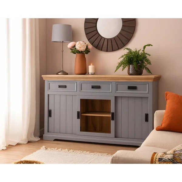 Credenza grigia/di colore naturale in mango massiccio con porte scorrevoli 160x90x40 cm Alpinist – Støraa-image-1