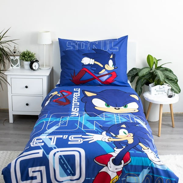 Set copripiumino e federa da bambini blu in cotone per letto singolo 140x200 cm Sonic "Let´s go" – Jerry Fabrics-image-1