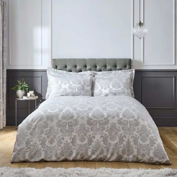 Set copripiumino e federa grigio in tessuto damascato per letto matrimoniale e per letto esteso 230x220 cm Damask Jacquard – Catherine Lansfield-image-1