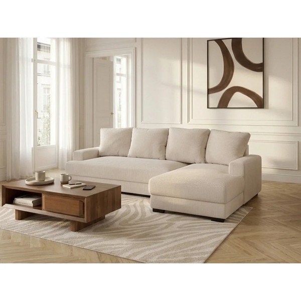 Divano angolare beige allungabile/con contenitore (con penisola a destra/con chaise lounge) con rivestimento in velluto a coste Campi – Bobochic Paris-image-4