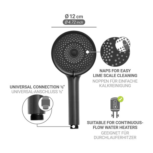 Soffione per doccia nero opaco in plastica ø 12 cm Softwater – Wenko-image-3