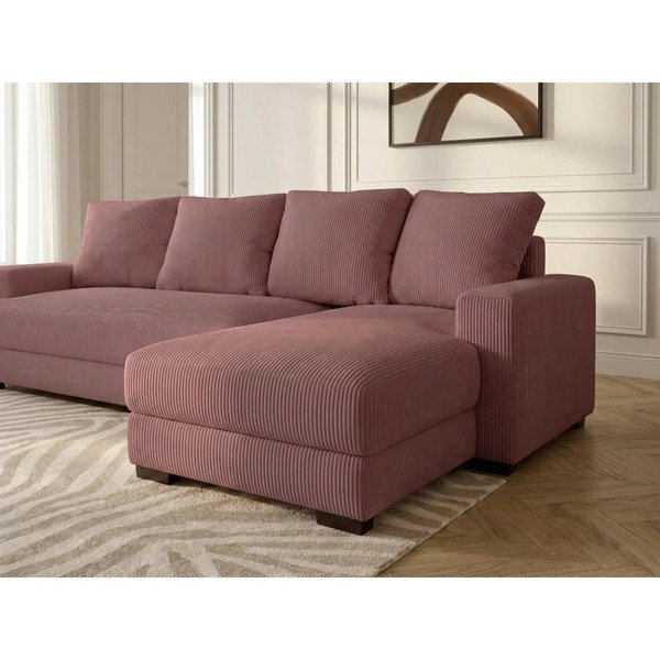 Divano angolare rosa allungabile/con contenitore (con penisola a destra/con chaise lounge) con rivestimento in velluto a coste Campi – Bobochic Paris-image-4