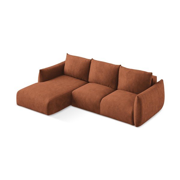 Divano angolare color terracotta allungabile (con penisola a sinistra/con chaise lounge) con rivestimento in ciniglia Leila – Makamii-image-3