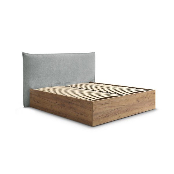 Letto matrimoniale imbottito/in truciolato grigio chiaro imbottito con contenitore con rete inclusa 160x200 cm Charlie – Bobochic Paris