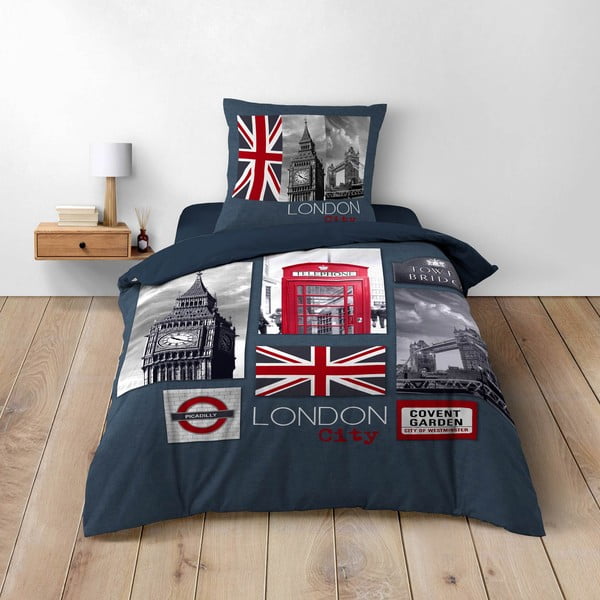 Set copripiumino e federa blu scuro in cotone per letto singolo 140x200 cm City London – douceur d'intérieur-image-1