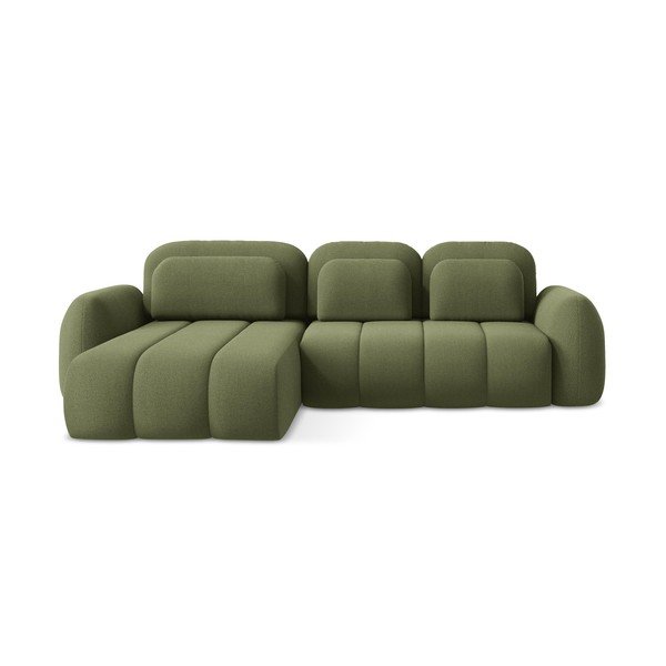 Divano angolare verde allungabile/con contenitore (con penisola a sinistra/con chaise lounge) con rivestimento in bouclé Pele – Makamii