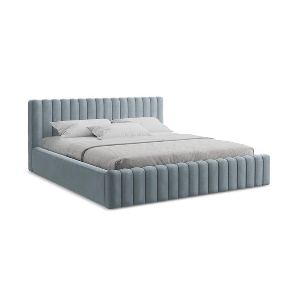 Letto matrimoniale imbottito azzurro con contenitore con rete inclusa 160x200 cm Lemi – Makamii