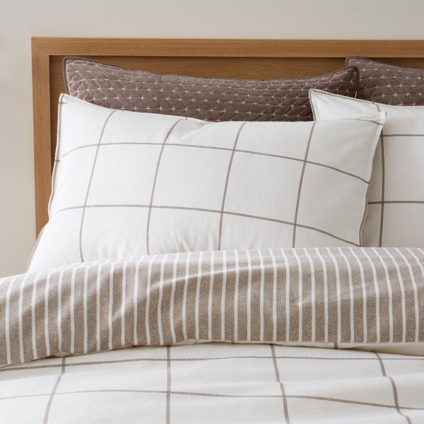 Set copripiumino e federa color crema/grigio tortora in flanella per letto matrimoniale 200x200 cm Brushed Regal Check – Bianca-image-2