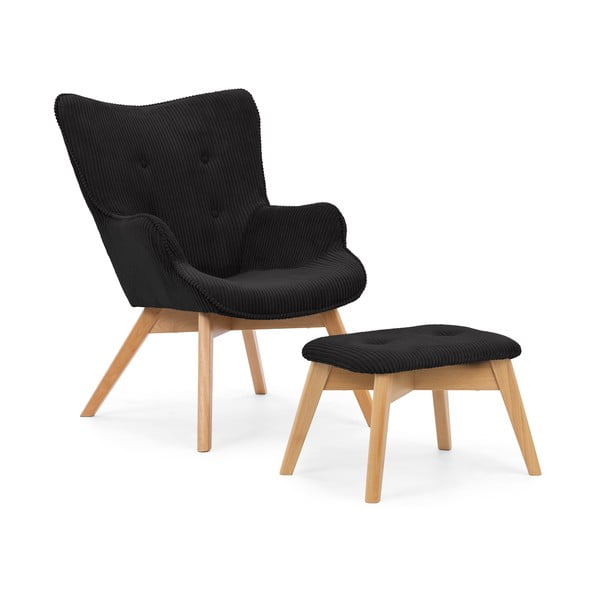Poltrona con poggiapiedi nera con rivestimento in velluto a coste Niko – Ropez