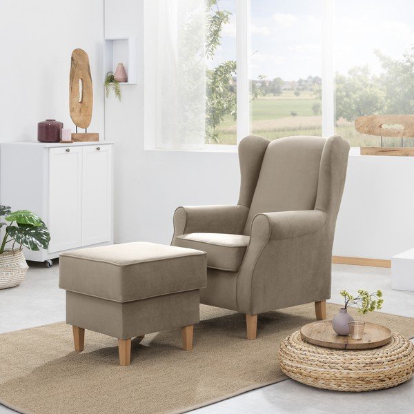 Poltrona in velluto marrone con pouf Lorris - Max Winzer-image-1