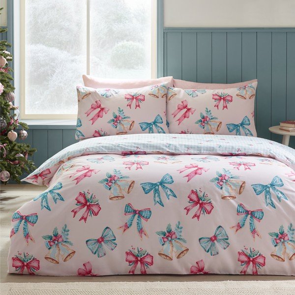 Set copripiumino e federa rosa per letto singolo 135x200 cm Bows And Bells – Catherine Lansfield-image-1