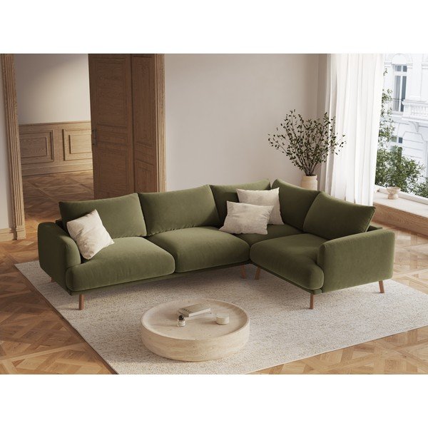 Divano angolare verde (con penisola a destra/a L) con rivestimento in velluto Naomi – Micadoni -image-1