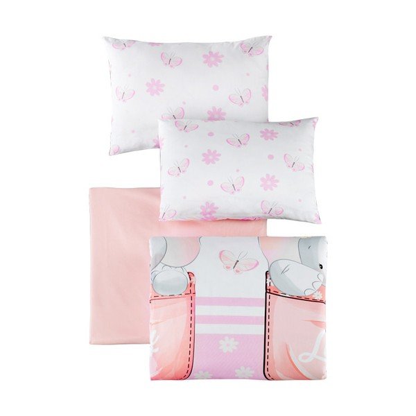Set copripiumino e federa da bambini bianco/rosa in cotone renforcé per culla con lenzuolo incluso/4 pezzi 100x150 cm Lovely – Mijolnir-image-2