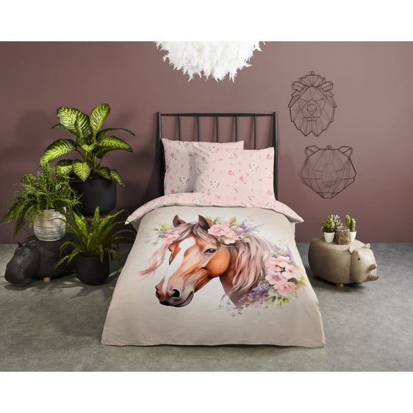 Set copripiumino e federa da bambini rosa/marrone in cotone per letto singolo 140x200 cm Avera – Good Morning-image-1