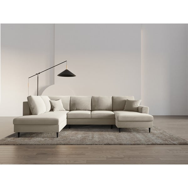 Divano angolare beige allungabile e con contenitore (con penisola a sinistra/a U) con rivestimento in velluto Kyoto – Cosmopolitan Design-image-2