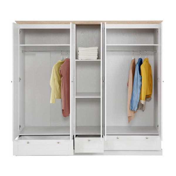 Bílá pětidveřová šatní skříň s detaily v dubovém dekoru Støraa Bruce-image-1