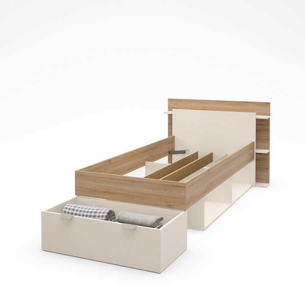 Letto singolo effetto rovere con contenitore senza griglia in colore bianco-naturale 90x200 cm Albo - Marckeric-image-4
