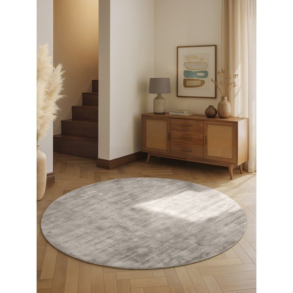 Tappeto rotondo grigio in viscosa tessuto a mano ø 200 cm Noemi – Vikosa-image-1
