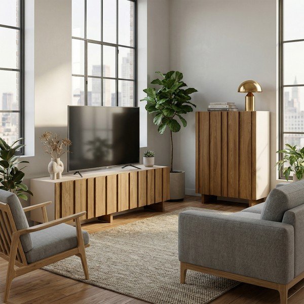 Mobile TV color crema/di colore naturale in pino massiccio 180x50x43 cm Marlo – Marckeric-image-4