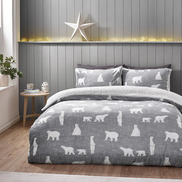 Set copripiumino e federa grigio in sherpa per letto matrimoniale 200x200 cm Cosy Polar Bear – Catherine Lansfield-image-1